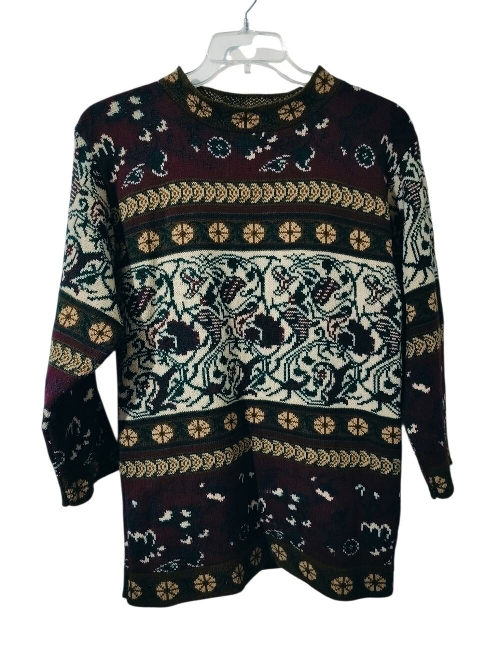 5869)Vtg 90s College Point Granpacore Tapestry Knit Geo Abstract  Sweater S/M?